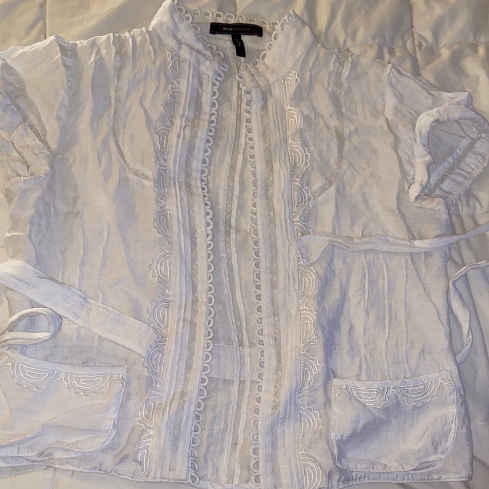 BCBGMax White Embroidered Open-Front Jacket